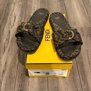Fendi Black and Brown Logo Slides